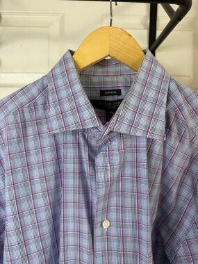 Pronto Uomo Non-Iron Windowpane Dress Shirt XL Blue Pink Cotton